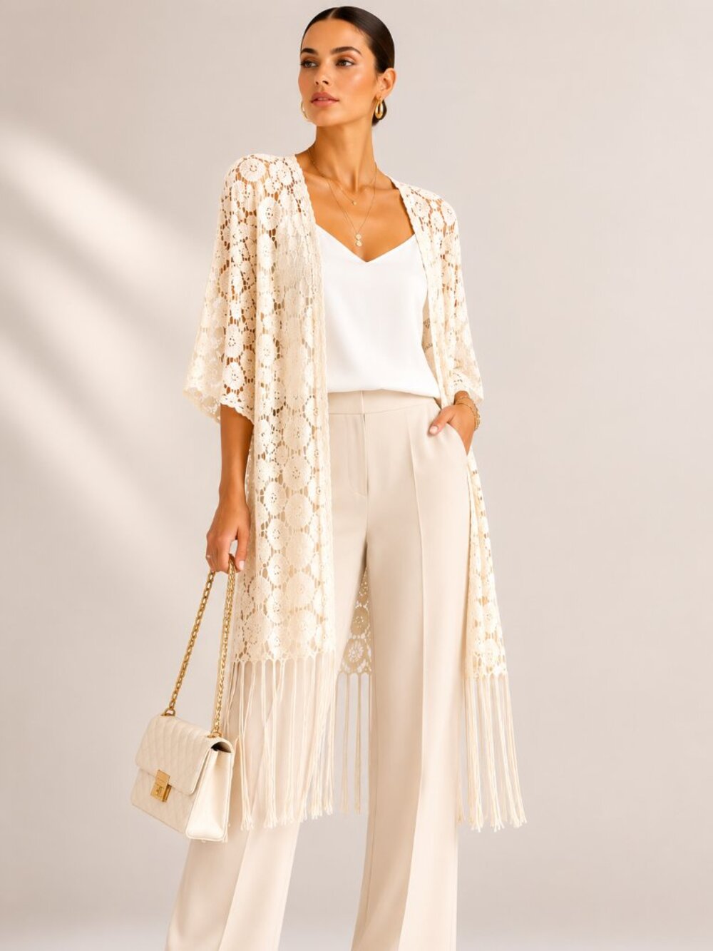 Rebellion Cream Crochet Fringe Kimono Cardigan Open Knit Cotton Size XS NWT